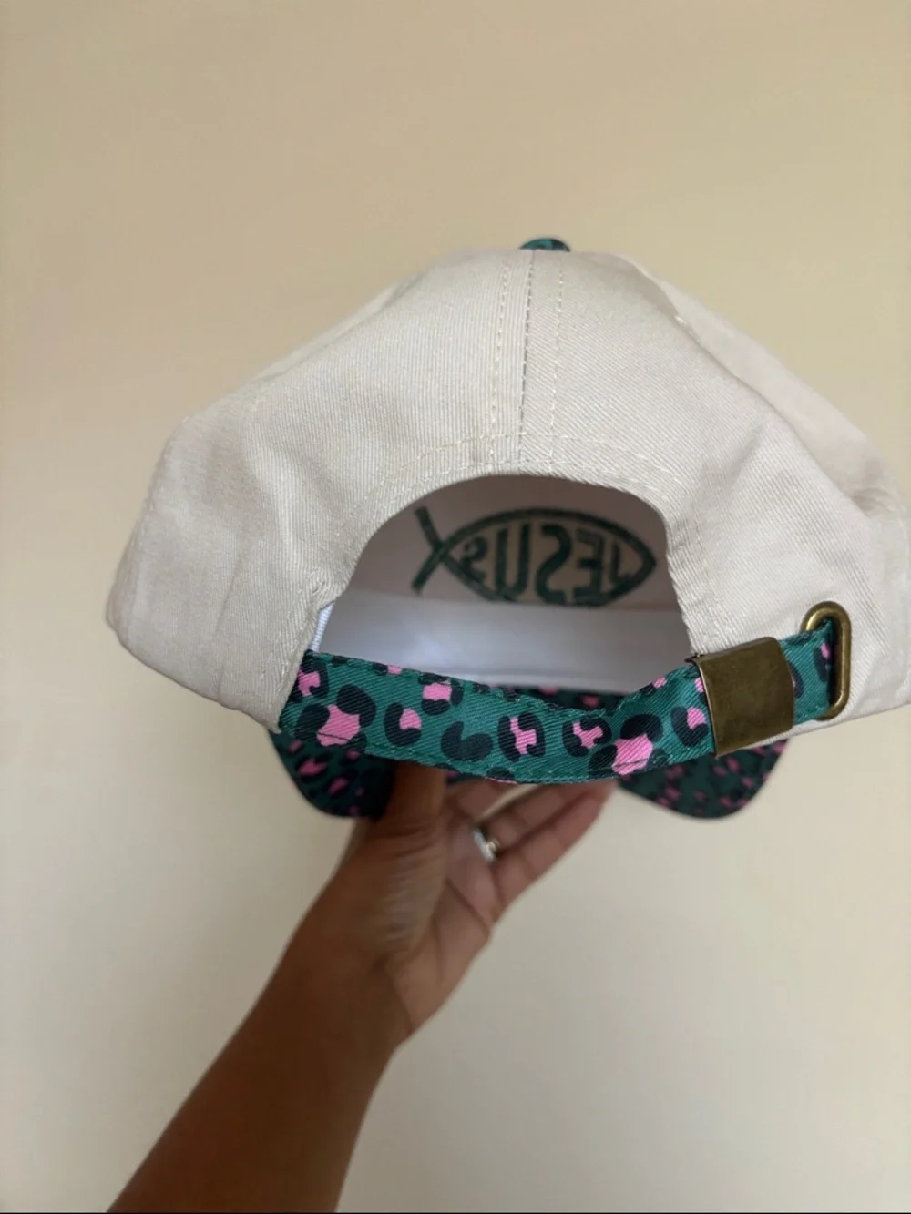 JESUS Embroidered Trucker Hat with Teal & Pink Leopard Brim - Picture 3 of 3